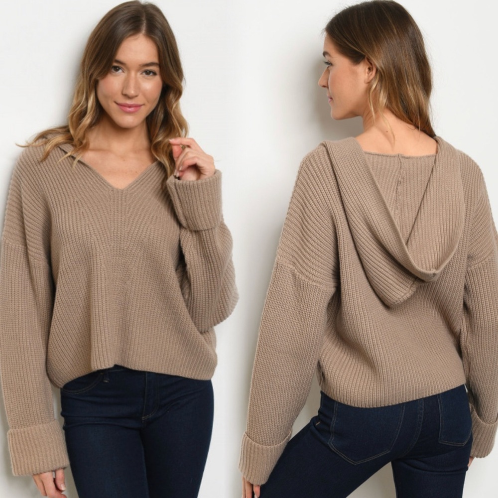 Relaxed V-Neck Hooded Sweater in Taupe